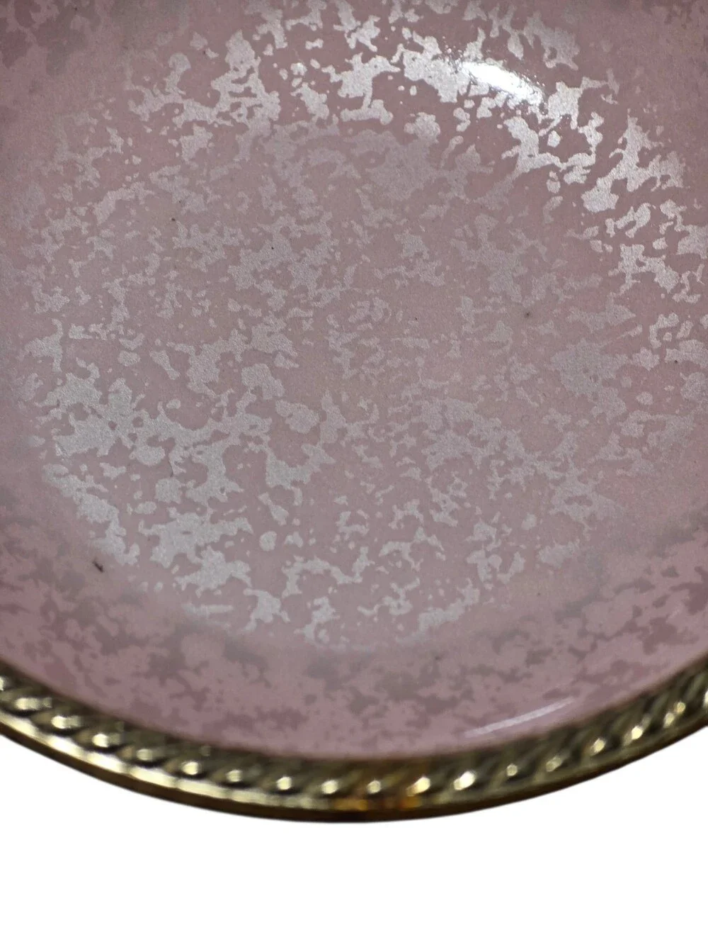 Vintage MCM Pink Trinket Dish With Pink Crackle Interior Gold Tone Rope Rim